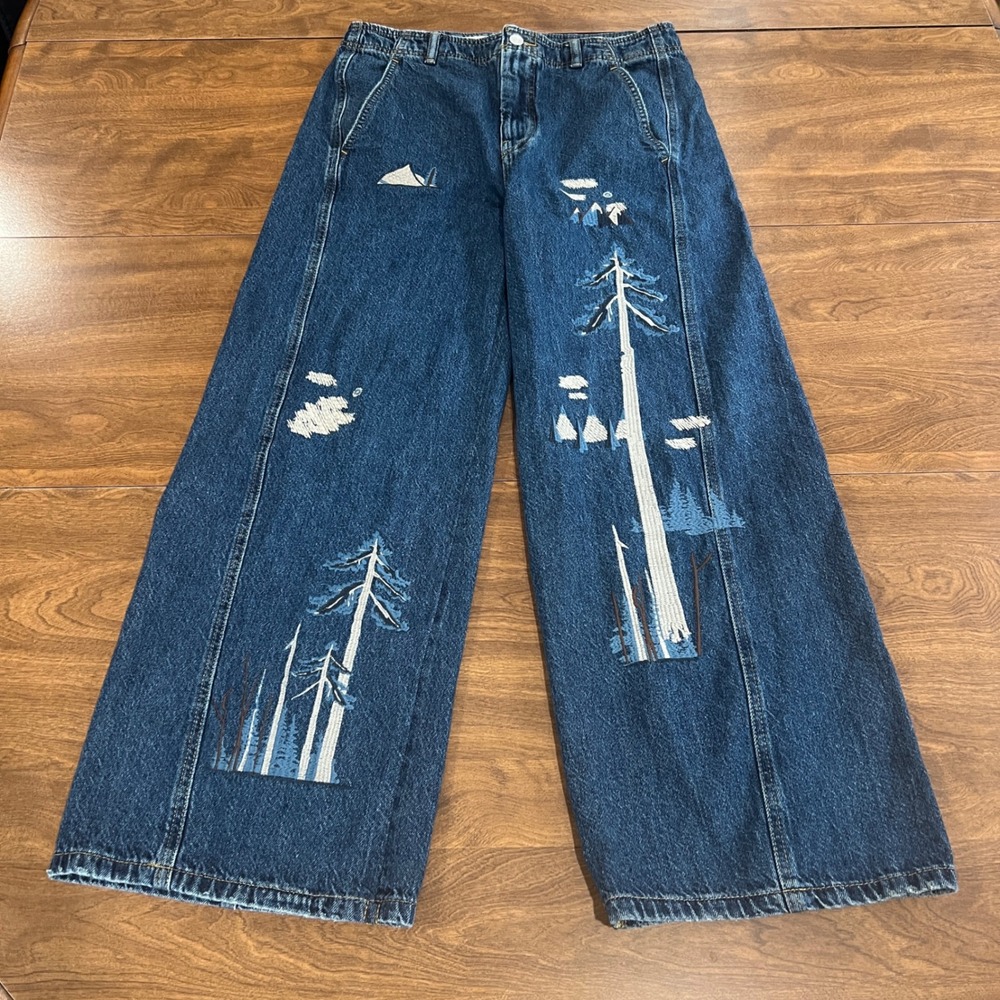 Anthropologie Embroidered Wide Leg High Waist Jeans Womens 30